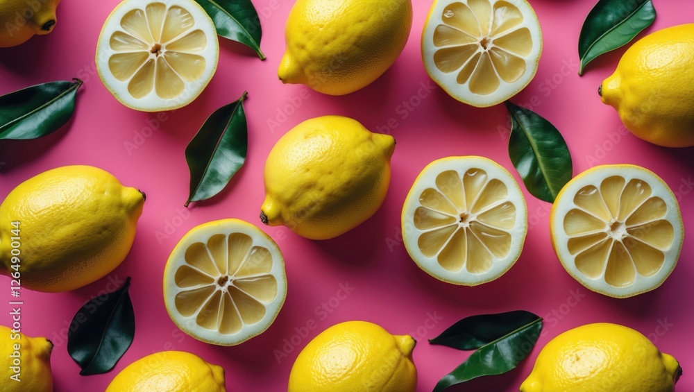 Poster fresh lemons whole and sliced showing texture with green leaves on vibrant pink background copy spac