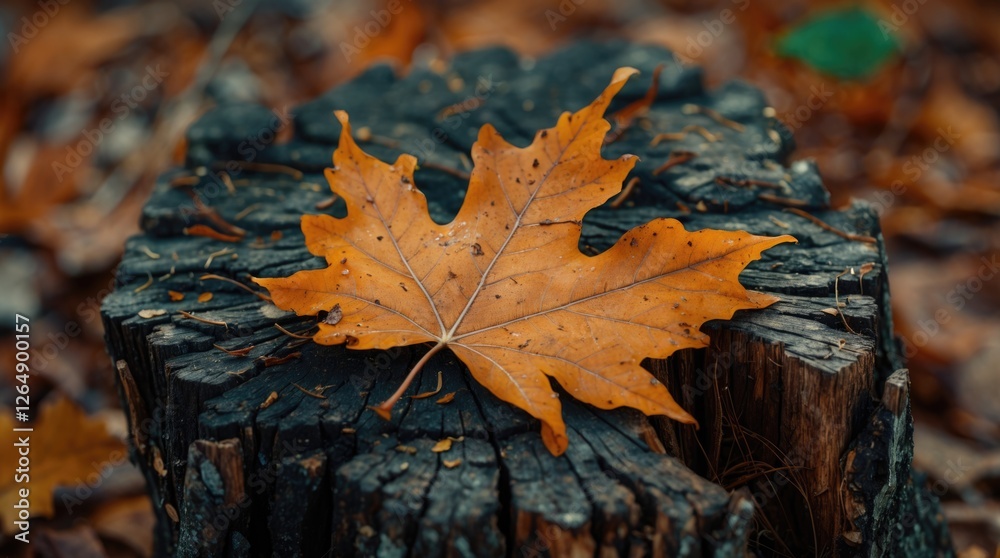 Poster close-up of an orange maple leaf resting on a weathered tree stump surrounded by autumn leaves in a 