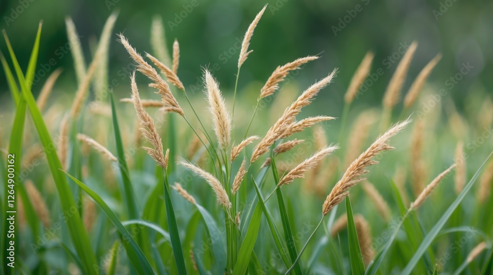 Poster golden grass and green blades in a lush field with soft bokeh background natural lighting copy space