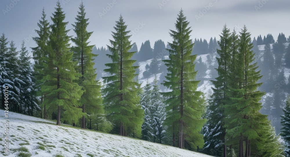 Poster snow-covered landscape with coniferous trees on a hillside under a cloudy sky copy space