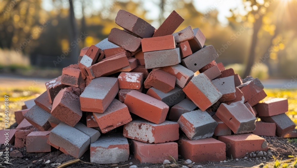 Aufkleber piled bricks in various colors on a construction site with blurred background and warm light during 