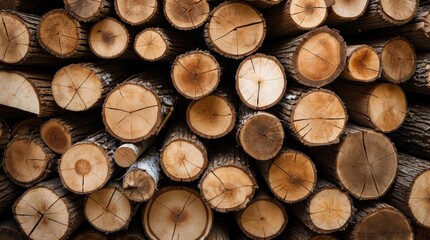Stacked wooden logs with visible tree rings and natural texture arranged in a detailed pattern suitable for backgrounds Copy Space