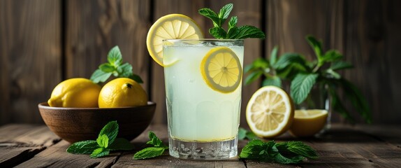 Refreshing lemonade drink with lemon slices and mint leaves on a wooden table with a bowl of fresh lemons and greenery in the background Copy Space