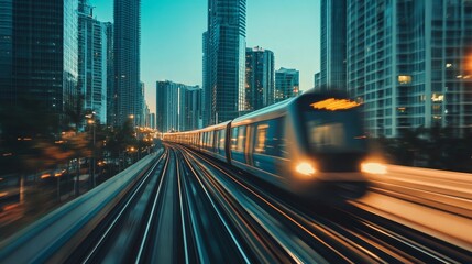 Fototapeta premium High-Speed Urban Train in a Cityscape at Night