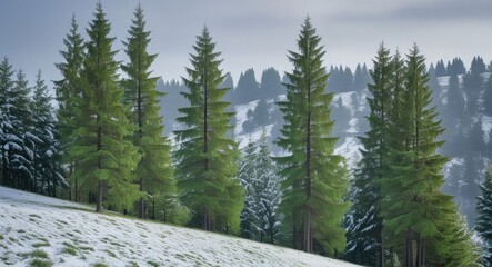 Snow-covered landscape with coniferous trees on a hillside under a cloudy sky Copy Space