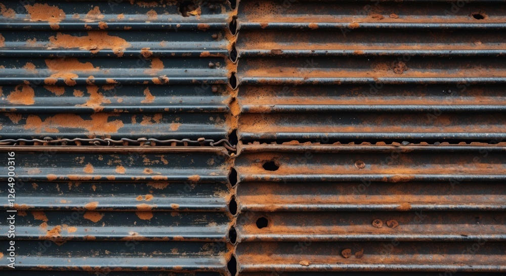 Poster rusty corrugated metal texture with blue and orange rust stains close-up background industrial desig
