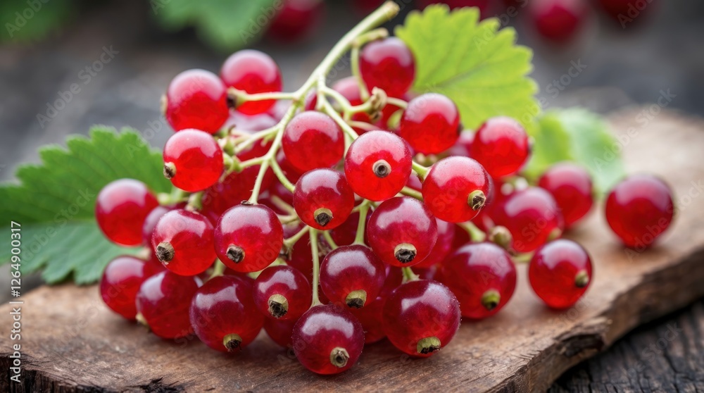 Poster fresh red currants displayed on wooden surface with green leaves as backdrop copy space