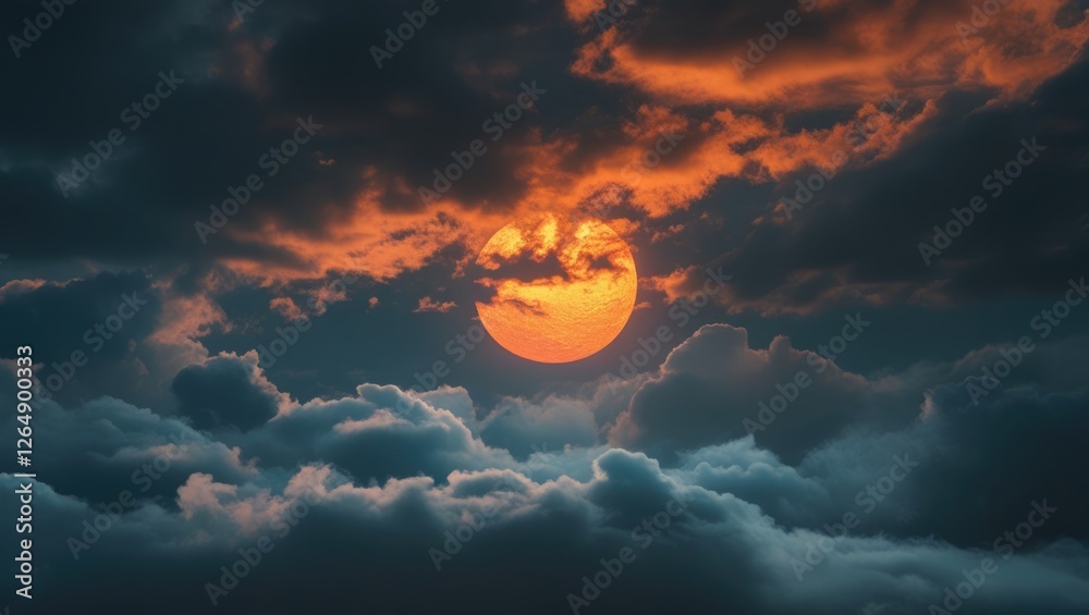 Poster cloudy sky with bright orange sun setting behind dark clouds at dusk with dramatic lighting and text
