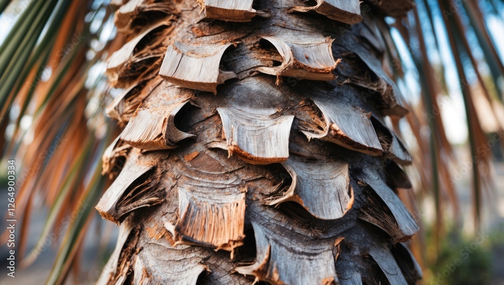 Aufkleber close-up of textured bark on palm tree showcasing natural patterns and details with blurred green fo