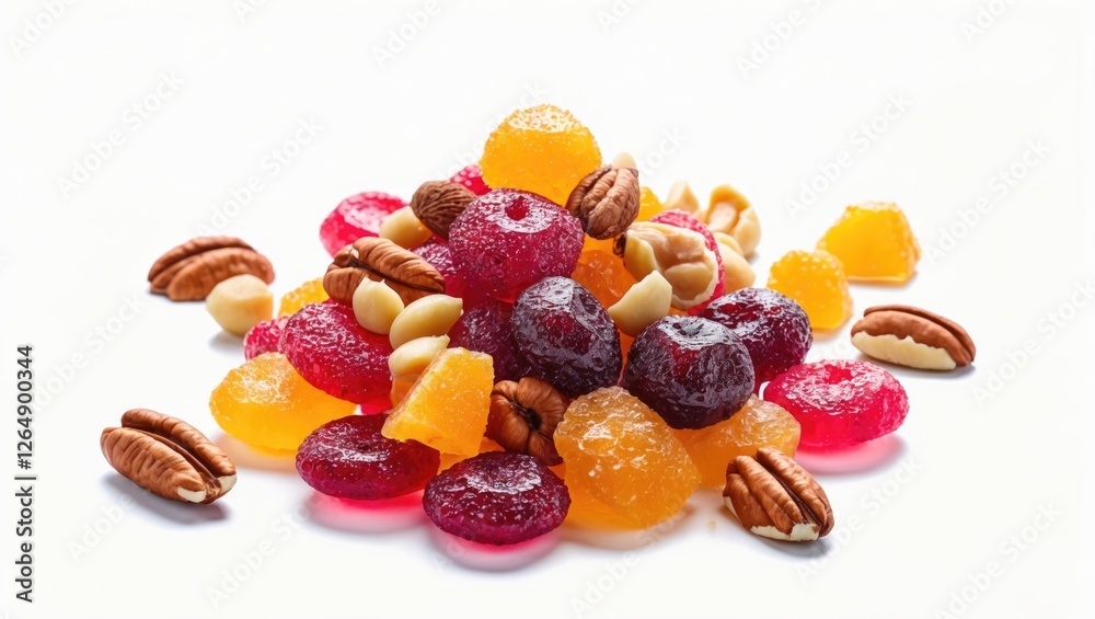Poster Colorful assortment of fruit jellies and nuts arranged on a white background with Copy Space for text placement