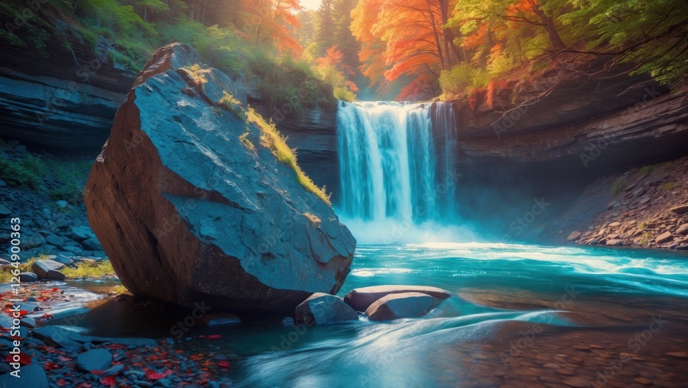 Poster waterfall surrounded by autumn foliage with a large rock in foreground and turquoise water under sof