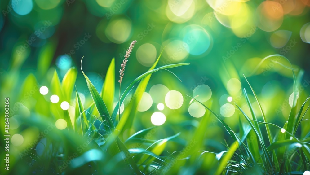 Poster green grass with dew drops and bokeh background soft focus natural scene copy space