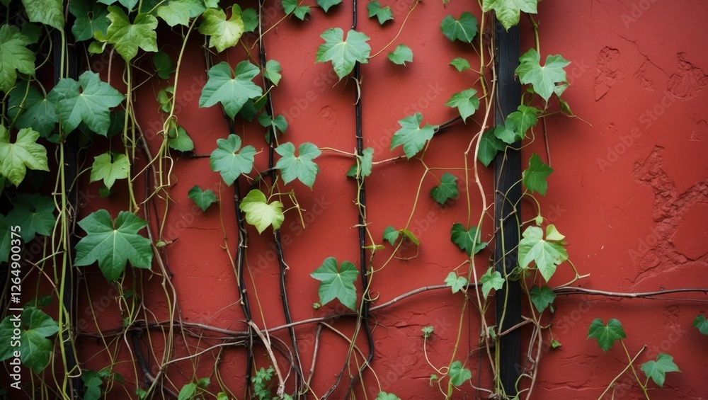 Poster Ivy plant climbing on a textured red wall creating a natural design with ample Copy Space for text placement