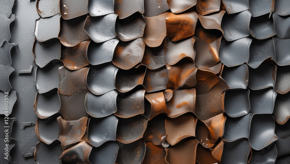 Poster Textured metal surface with overlapping scales in varying shades of gray and rust colors suitable for industrial or abstract backgrounds Copy Space