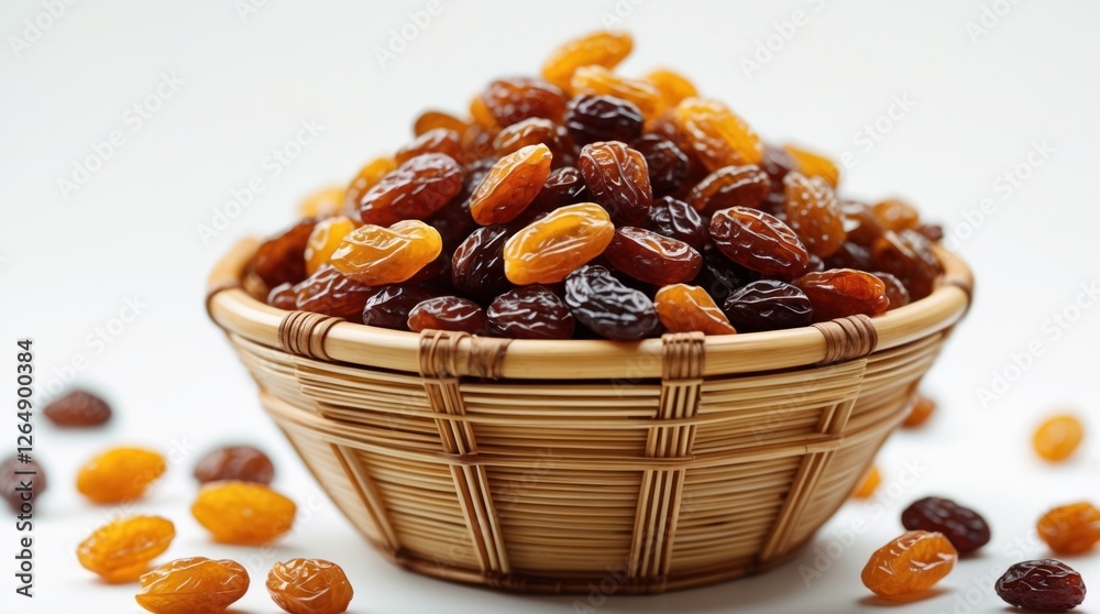 Poster assorted dried raisins in a woven bamboo basket with some scattered on a white surface copy space