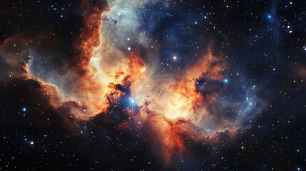A colorful nebula with a bright orange cloud in the middle. The stars are scattered throughout the image, with some closer to the foreground and others further away