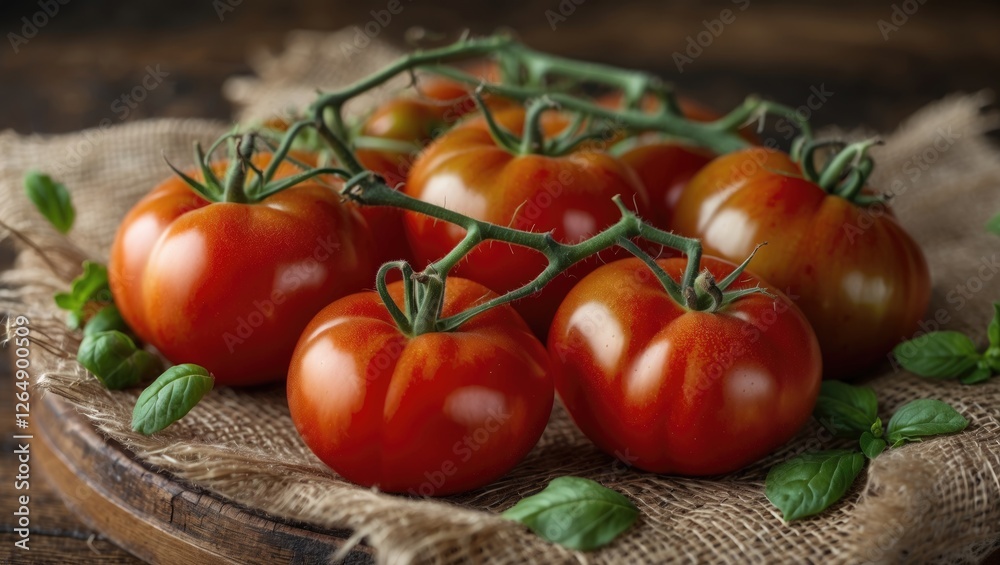 Poster fresh ripe tomatoes with green vines arranged on a wooden board surrounded by basil leaves and burla