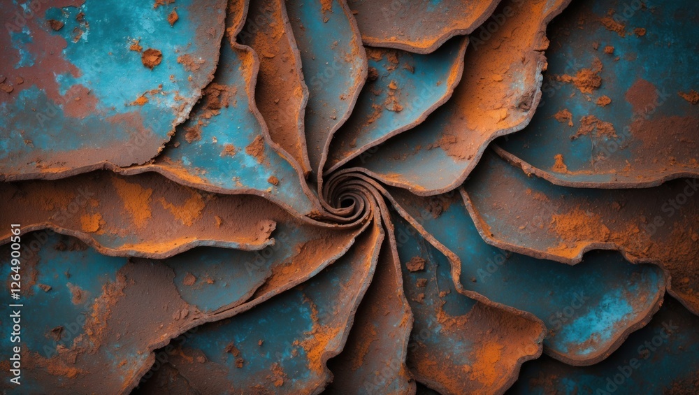Poster Abstract close-up of colorful rusty metal plates in spiral formation with blue and orange textures and Copy Space for text placement