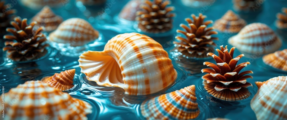 Poster colorful seashells and pine cones floating in turquoise water with reflections and ripples copy spac