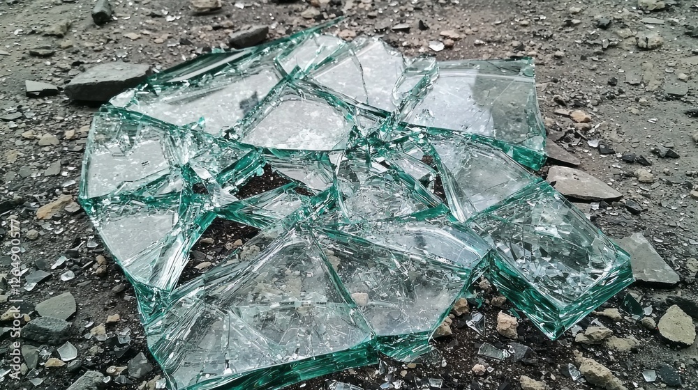 Aufkleber a multitude of broken glass pieces scatter across a rough, gray surface, reflecting light in sharp a