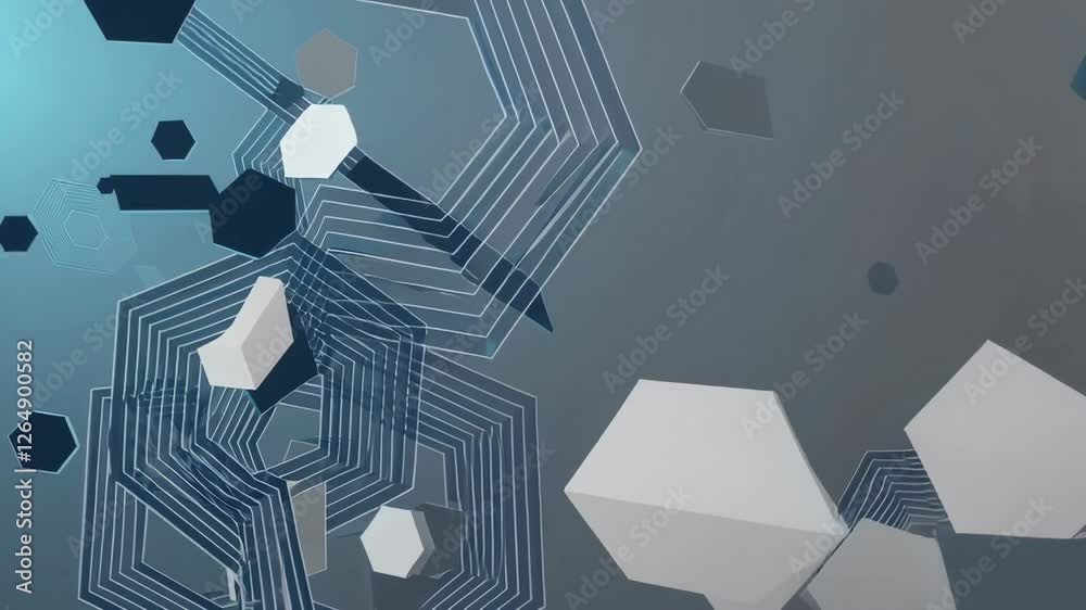 Poster Futuristic digital animation presenting geometric hexagons and cubes moving gradually, generating sophisticated abstract visual pattern with minimal design elements in seamless looping background