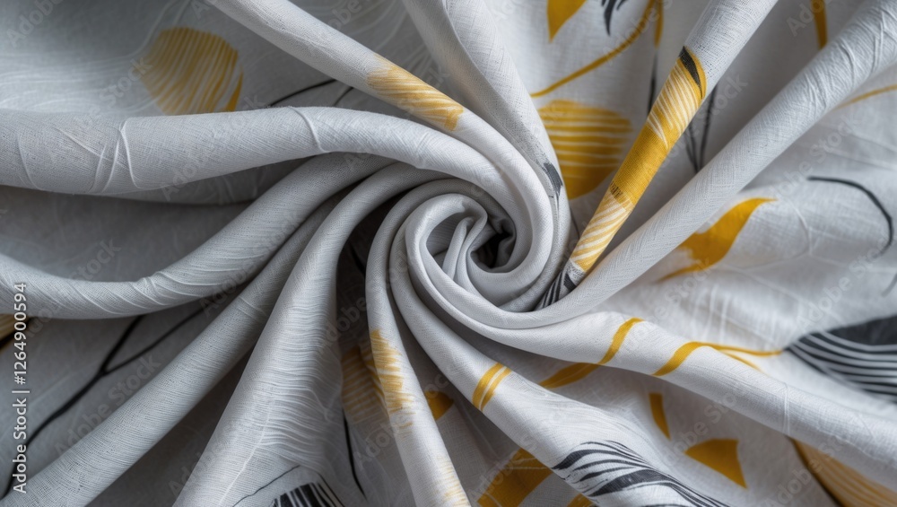 Poster Textured fabric with abstract leaf pattern in gray and yellow colors arranged in a spiral design Copy Space