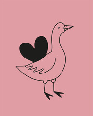 Vector illustration with goose and big black heart. Romantic greeting card, home decoration poster, apparel print design