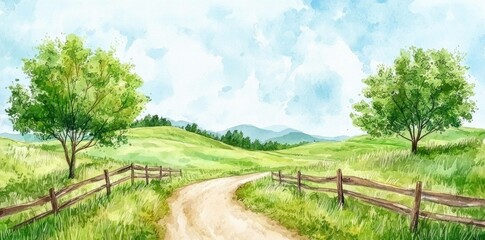 Serene countryside landscape with lush greenery, blue skies, and gentle hills, perfect for relaxation and nature appreciation