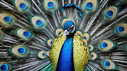 Obraz premium Peacock displaying colorful feathers with intricate patterns and vibrant colors, front view, animal close-up, nature photography, Copy Space