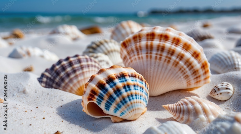 Poster colorful seashells scattered on sandy beach with soft ocean waves in the background natural light an