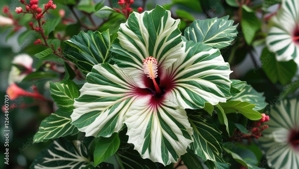 Aufkleber variegated hibiscus flower with striking red center in lush green foliage background with additional