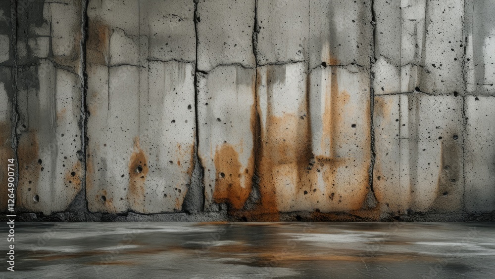 Aufkleber Concrete wall with rust stains and texture reflections on the floor with ample Copy Space for text placement