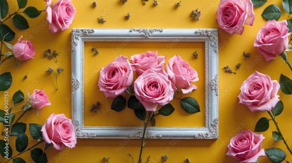 Poster pink roses arranged around an ornate white frame on a vibrant yellow background with decorative elem