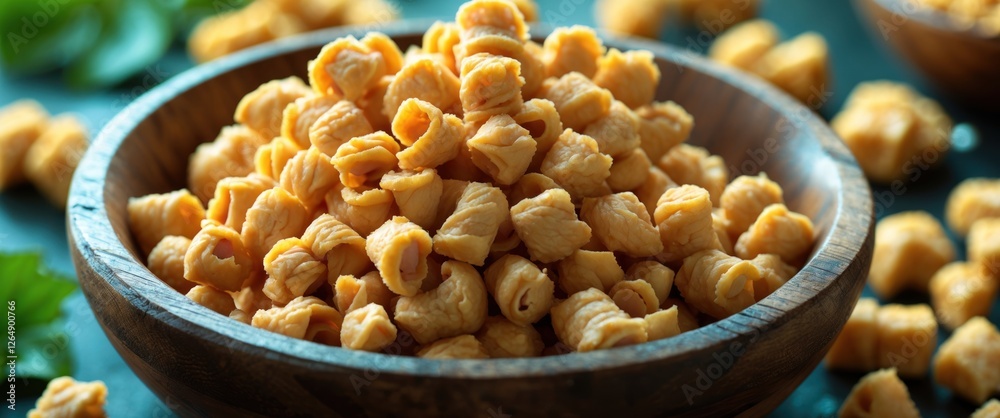 Poster golden crispy snacks in a wooden bowl with scattered pieces on a textured surface. copy space availa