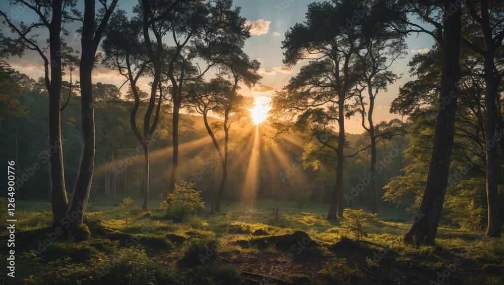 Poster Sunlight filtering through trees in a dense forest landscape during sunset with rays illuminating the ground and foliage Copy Space