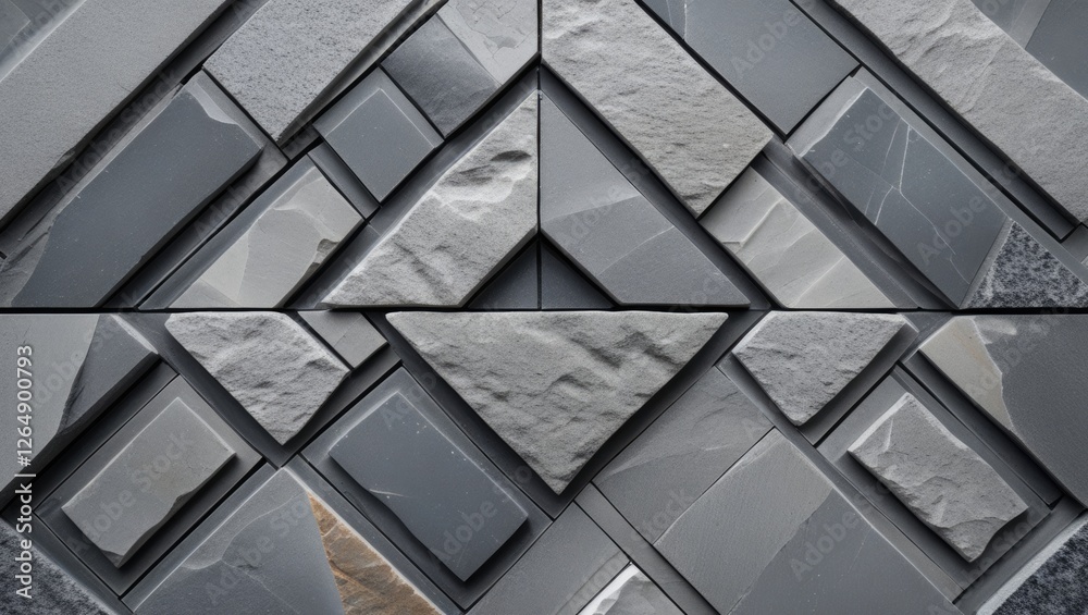 Poster Textured gray stone wall tiles arranged in a geometric pattern with varying shapes and sizes for modern interior design Copy Space