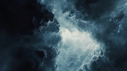 A dark blue sky with a white cloud in the middle. The sky is filled with stars and the cloud is surrounded by a blue and white color