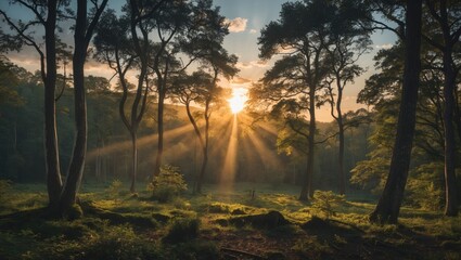 Sunlight filtering through trees in a dense forest landscape during sunset with rays illuminating the ground and foliage Copy Space