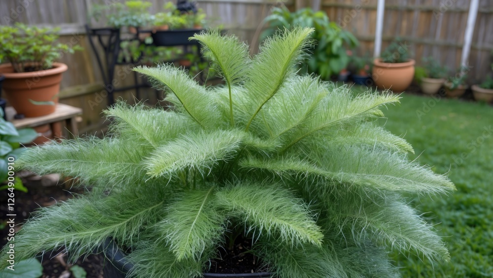 Poster lush green potted fern plant with feathery leaves in a garden setting surrounded by various pots and