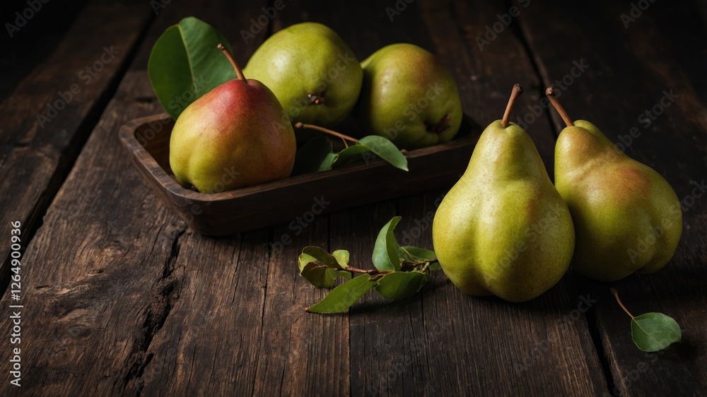 Poster fresh green pears in a wooden bowl on rustic wooden table with leaves and dark background copy space