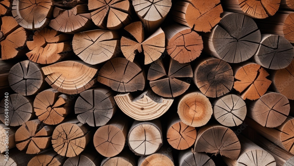Poster stacked cross-section of various wooden logs showcasing different textures and colors on a flat surf