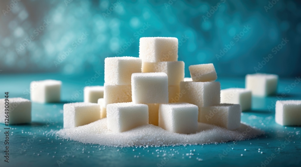 Poster Pile of sugar cubes on a textured turquoise surface with scattered sugar granules and soft focus background Copy Space
