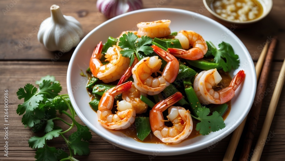 Poster shrimp stir-fry with vegetables and herbs on a wooden table with garlic and chopsticks in the backgr