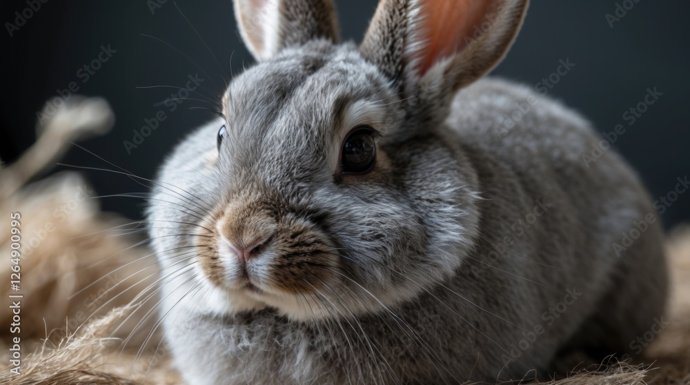 Poster Close-up of a gray rabbit sitting on straw with dark background and sharp focus on its face and eyes Copy Space