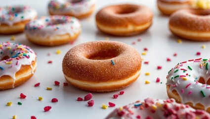 Variety of colorful donuts with sprinkles and frosting on a white background with scattered confetti and copy space