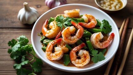 Shrimp stir-fry with vegetables and herbs on a wooden table with garlic and chopsticks in the background Copy Space