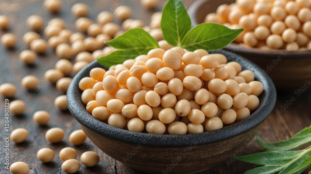 Poster raw soybeans in wooden bowls with green leaves on rustic table background with scattered soybeans ar