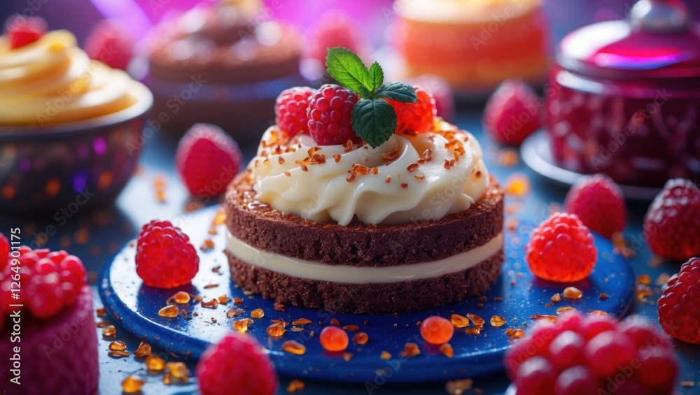 Poster chocolate cake with cream and raspberries on a blue plate with decorations and colorful desserts in 