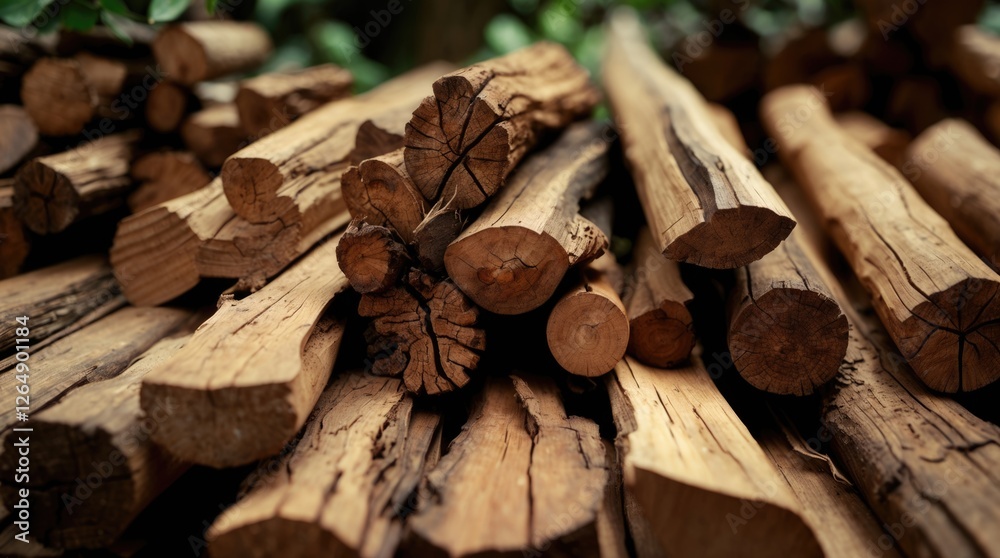 Aufkleber stacked logs showing a variety of wood textures and grains in a natural outdoor setting with blurred