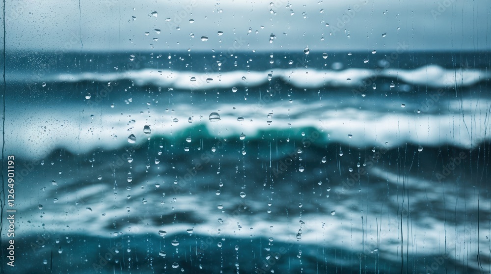 Poster Rain droplets on a glass window with ocean waves in the background under cloudy skies Copy Space